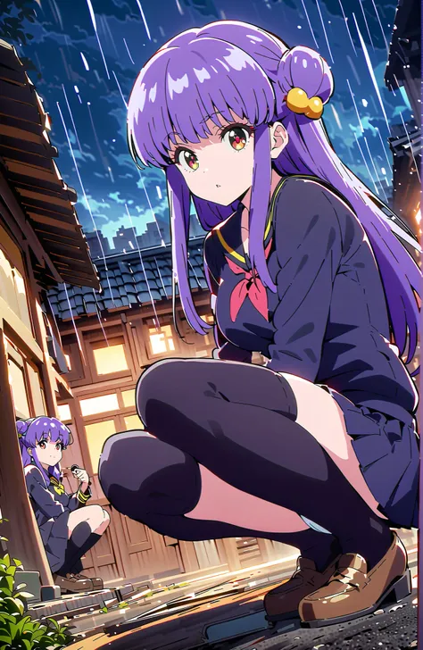 score_9, score_8_up, score_7_up, source_anime,  shampoo, shampoo (Ranma 1/2), long hair, hair ornament seen from the side, Red Eyes, purple hair, hair bun, double bang, Medium breast, Black Sailor Suit, black mini pleated skirt ,Black thigh high socks,loaf...