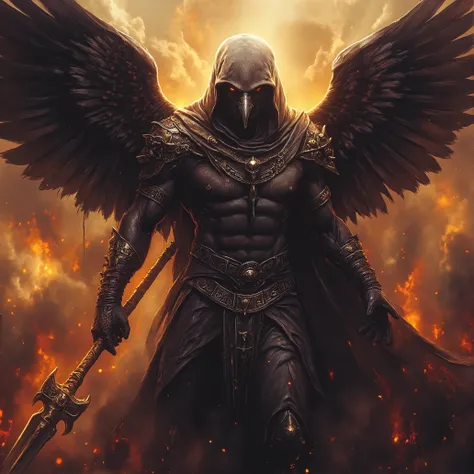 High Resolution, Masterpiece, Depth Of Field, Hyperrealistic, Ultra-Detailed, 8k. Imagine a dark and sinister image of the egyptian god Osiris. Depicted as a colossal muscular anthropomorphic crow god with massive black unfurled wings. Donned in the dark u...