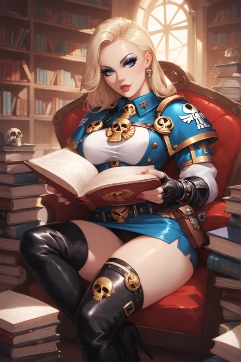 warhammer 40k, library, servo-skull, human woman, makeup, wide belt, (thigh high pumped stripper stiletto boots), reading a book