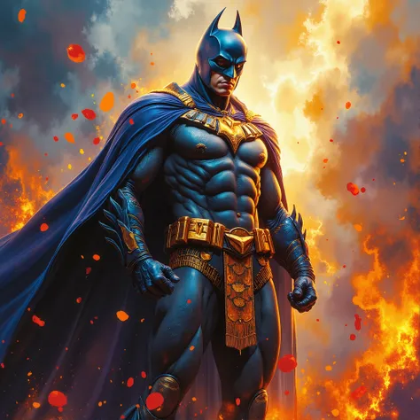 Imagine a waist-up shot of Batman depicted as an ancient egyptian god. Merge his bat suit with a pharaonic wardrobe. Put him in an intimidating dynamic pose that showcases his godliness.