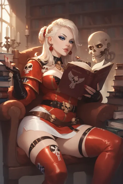 warhammer 40k, library, servo-skull, human woman, makeup, wide belt, (thigh high pumped stripper stiletto boots), reading a book
