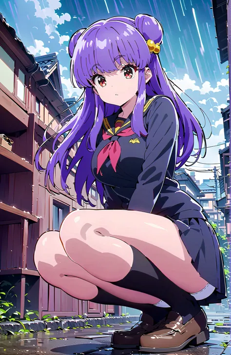 score_9, score_8_up, score_7_up, source_anime,  shampoo, shampoo (Ranma 1/2), long hair, hair ornament seen from the side, Red Eyes, purple hair, hair bun, double bang, Medium breast, Black Sailor Suit, black mini pleated skirt ,Black thigh high socks,loaf...