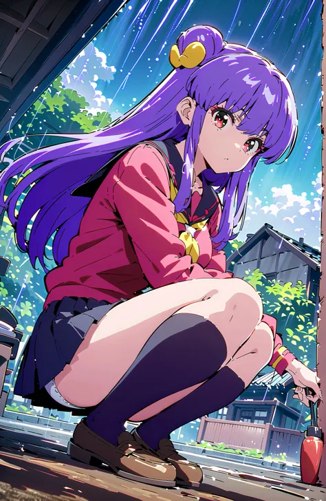 score_9, score_8_up, score_7_up, source_anime,  shampoo, shampoo (Ranma 1/2), long hair, hair ornament, Red Eyes, purple hair, hair bun, double bang, Medium breast, Black Sailor Suit, black mini pleated skirt ,Black thigh high socks,loafers,white panties,s...
