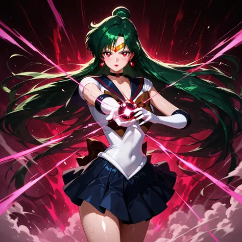 masterpiece,best quality,amazing quality, setsuna meiou, long hair, red eyes, very long hair, green hair, hair bun, single hair bun, maeup, lipstick, skirt, gloves, bow, jewelry, pleated skirt, earrings, choker, elbow gloves, white gloves, black skirt, sai...