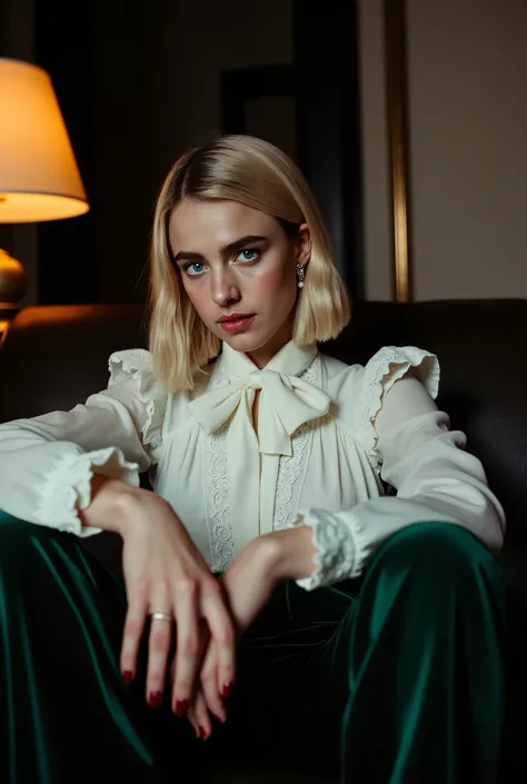 Photorealistic portrait of a stunning young Caucasian woman in her early twenties, seated in a luxurious hotel suite at night. She has a symmetrical face with a high forehead, piercing blue eyes, full lips, and thick natural brunette eyebrows. Her hair is ...