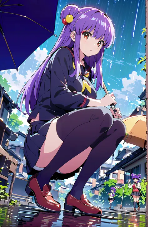 score_9, score_8_up, score_7_up, source_anime,  shampoo, shampoo (Ranma 1/2), long hair, hair ornament, Red Eyes, purple hair, hair bun, double bang, Medium breast, Black Sailor Suit, black mini pleated skirt ,Black thigh high socks,loafers,white panties,s...
