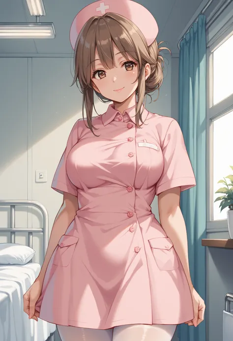 Score_9, score_8_up, score_7_up, source_anime, akagimio, solo, brown hair, brown eyes, (best quality), (high quality), {masterpiece}, extremely delicate and beautiful, ultra-detailed, beautiful detailed eyes, nurse, nurse cap, pink dress, short sleeves, wh...