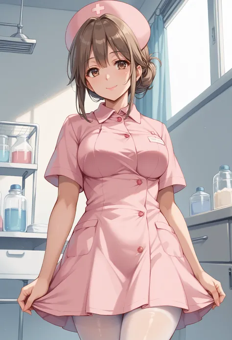 Score_9, score_8_up, score_7_up, source_anime, akagimio, solo, brown hair, brown eyes, (best quality), (high quality), {masterpiece}, extremely delicate and beautiful, ultra-detailed, beautiful detailed eyes, nurse, nurse cap, pink dress, short sleeves, wh...