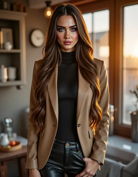 woman wearing a burberry jacket, turtleneck sweat and leather pants, black hair, vintage kitchen background, sunset