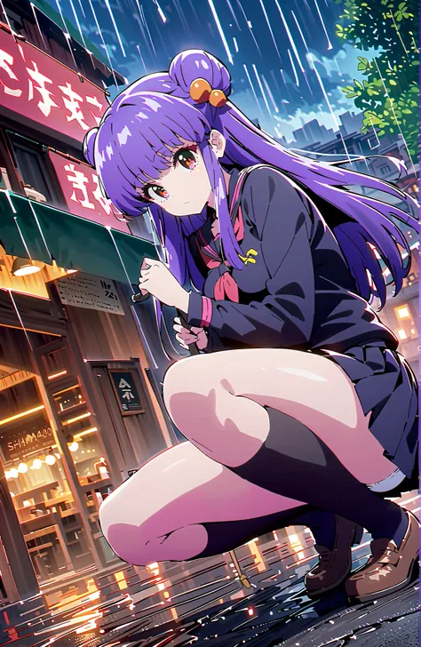 score_9, score_8_up, score_7_up, source_anime, shampoo, shampoo (Ranma 1/2), long hair, hair ornament seen from the side, Red Eyes, purple hair, hair bun, double bang, Medium breast, Black Sailor Suit, black mini pleated skirt ,Black thigh high socks,loaf...