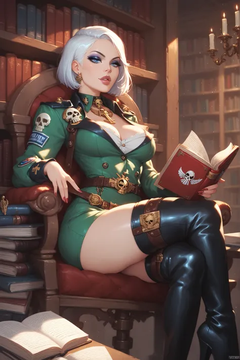 warhammer 40k, library, servo-skull, human woman, makeup, wide belt, (thigh high pumped stripper stiletto boots), reading a book