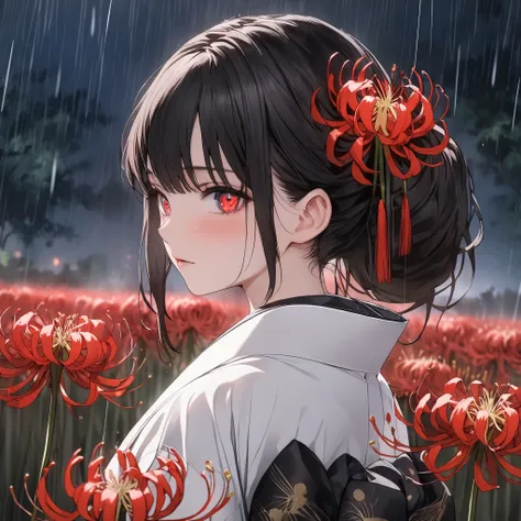anime、((Amazing Absurd)),(masterpiece:1.2),超high resolution, Attention to Details, High Quality, high resolution, 最High Quality, 4K, 8k、Woman wearing  White Coat  over  black yukata  ,  black yukata  , long , black hair, sanding in raind in a field of red ...
