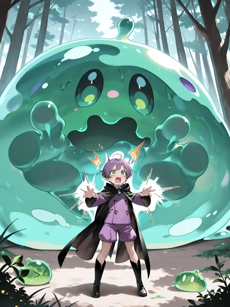 1 man, Magician, (A garment with a lot of details), Black Cloak Set, inflatable shorts, Thigh, In his hands he holds a great irony., purple short hair, green eyes, Ponyhair, cute, Shocked face, (1Giant Slime, is attacked by monsters, is attacked by a slime...