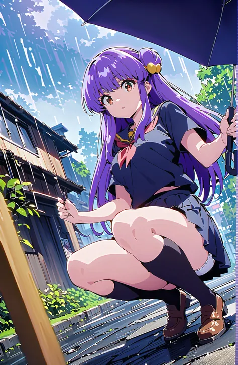 score_9, score_8_up, score_7_up, source_anime, shampoo, shampoo (Ranma 1/2), long hair, hair ornament seen from the side, Red Eyes, purple hair, hair bun, double bang, Medium breast, Black Sailor Suit,Short sleeve, black mini pleated skirt ,Black thigh hi...