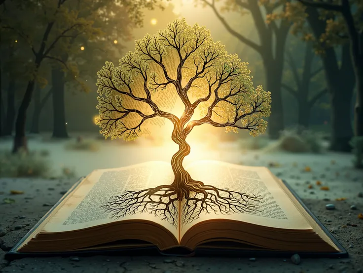 An enchanting, surreal image of a storybook lying open, its pages glowing faintly as if alive with magic. From the center of the book, an intricate optical illusion unfolds: the Tree of Life emerges, its roots sprawling across the pages like flowing ink, w...