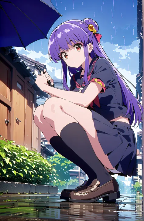 score_9, score_8_up, score_7_up, source_anime, shampoo, shampoo (Ranma 1/2), long hair, hair ornament seen from the side, Red Eyes, purple hair, hair bun, double bang, Medium breast, Black Sailor Suit,Short sleeve, black mini pleated skirt ,Black thigh hi...