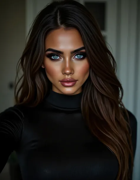 buxom beautiful isabella, piercing eyes, long brunette hair, turtleneck sweater, detailed portrait, high quality, professional photography, dramatic lighting, moody atmosphere, realistic skin textures, intricate clothing folds, warm color palette, cinemati...