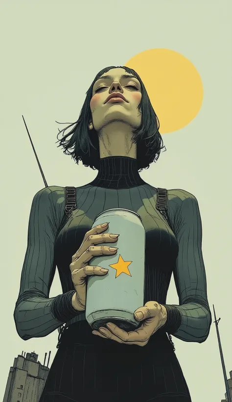 taken from above、looking up at the sky、Statue of a Woman with a Star, 1 9 6 0 s Space Girl, Art Deco of the Woman in Space , robot figure, Galactic Princess ,Holding a white can with a yellow star on a white background、The color of the girl , Giant Ali...