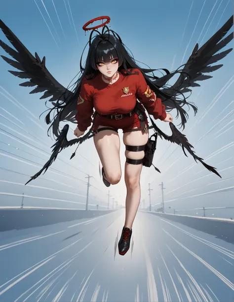 score_9, score_8_up, score_7_up, source_anime, anime, cartoon, speedlines, dynamic, 1girl, wide hips, makeup, headpiece, flying, speed lines, motion blur, flirty look, red hair, very long hair , fine ironed hair , yellow eyes, police cloths, nature backgro...
