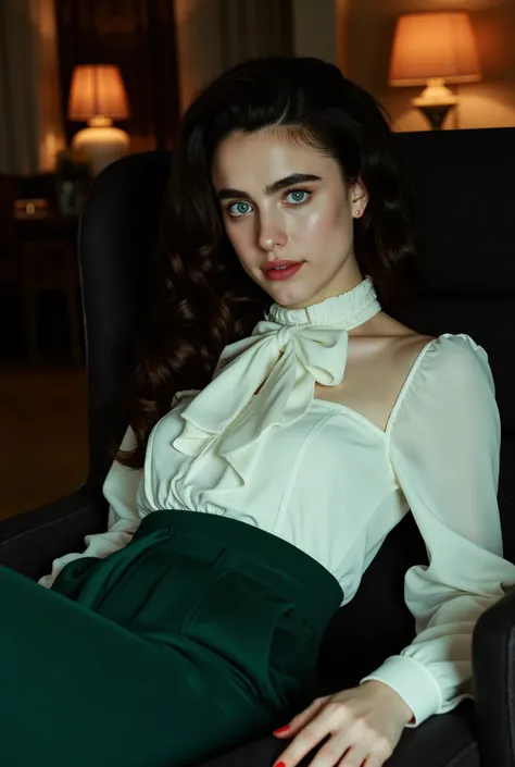 Photorealistic portrait of a stunning young Caucasian woman in her early twenties, seated in a luxurious hotel suite at night. She has a symmetrical face with a high forehead, piercing blue eyes, full lips, and thick natural brunette eyebrows. Her hair is ...