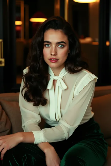 Photorealistic portrait of a stunning young Caucasian woman in her early twenties, seated in a luxurious hotel suite at night. She has a symmetrical face with a high forehead, piercing blue eyes, full lips, and thick natural brunette eyebrows. Her hair is ...