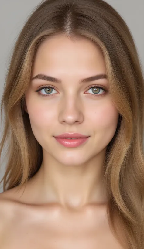 A close-up portrait shows a young adult who appears to be a white Caucasian woman with long brunette hair, no tattoo, no bangs, and no accessories. Her eyes are light-colored, and she has fair skin with subtle makeup enhancing her features. Her expression ...