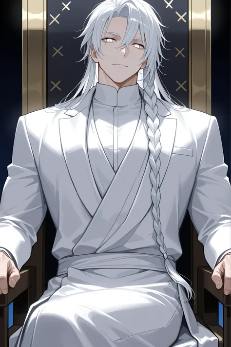 A handsome man with long braided blond hair, white eyes, and a white cloth suit is sitting in a temple chair under a dark night