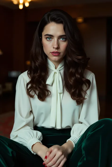 Photorealistic portrait of a stunning young Caucasian woman in her early twenties, seated in a luxurious hotel suite at night. She has a symmetrical face with a high forehead, piercing blue eyes, full lips, and thick natural brunette eyebrows. Her hair is ...