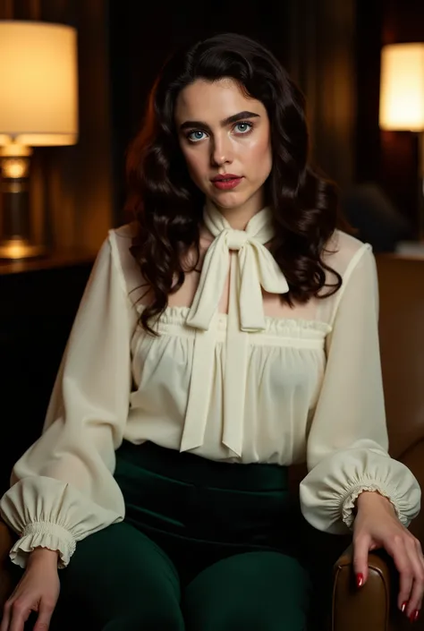 Photorealistic portrait of a stunning young Caucasian woman in her early twenties, seated in a luxurious hotel suite at night. She has a symmetrical face with a high forehead, piercing blue eyes, full lips, and thick natural brunette eyebrows. Her hair is ...