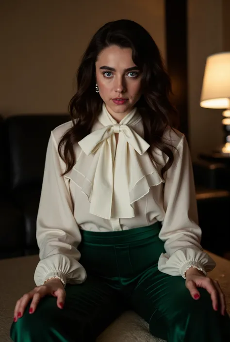 Photorealistic portrait of a stunning young Caucasian woman in her early twenties, seated in a luxurious hotel suite at night. She has a symmetrical face with a high forehead, piercing blue eyes, full lips, and thick natural brunette eyebrows. Her hair is ...
