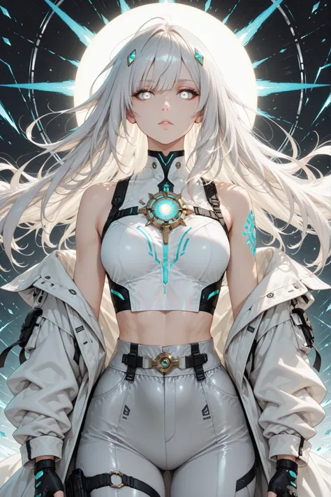 ((masterpiece, best quality, anime style, ultra-detailed)), (1girl, solo), (young female, age 18–20, athletic lean build, glowing white eyes:1.6, emotionless ice-cold expression, divine intensity, fair skin), (medium-length messy white hair:1.5, wind-blown...