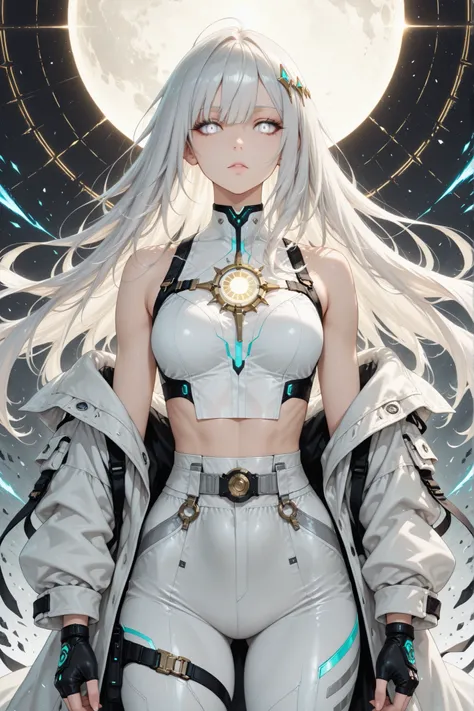 ((masterpiece, best quality, anime style, ultra-detailed)), (1girl, solo), (young female, age 18–20, athletic lean build, glowing white eyes:1.6, emotionless ice-cold expression, divine intensity, fair skin), (medium-length messy white hair:1.5, wind-blown...