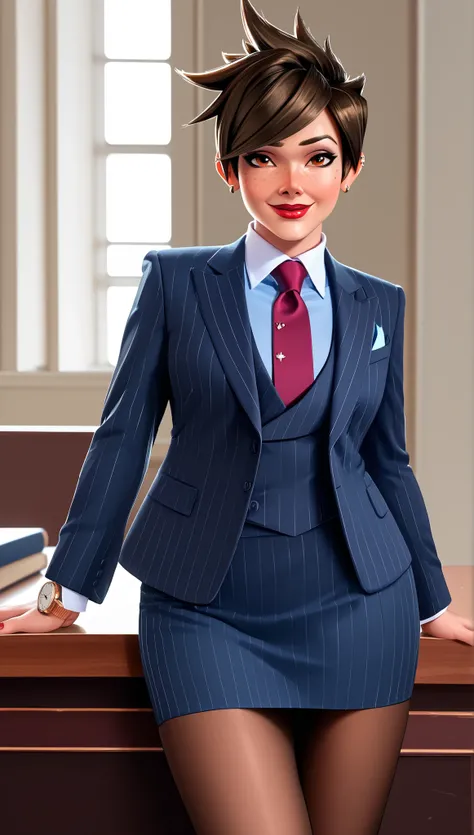 score_9, score_8_up, score_7_up, score_6_up, source_anime,  three-piece suit, tracer, 1girl, solo, brown hair, short hair, freckles, smile, pretty, formal, jewelry, navy pinstripe suit, red silk necktie, earrings, jacket, shirt, standing, hand on hip, wind...