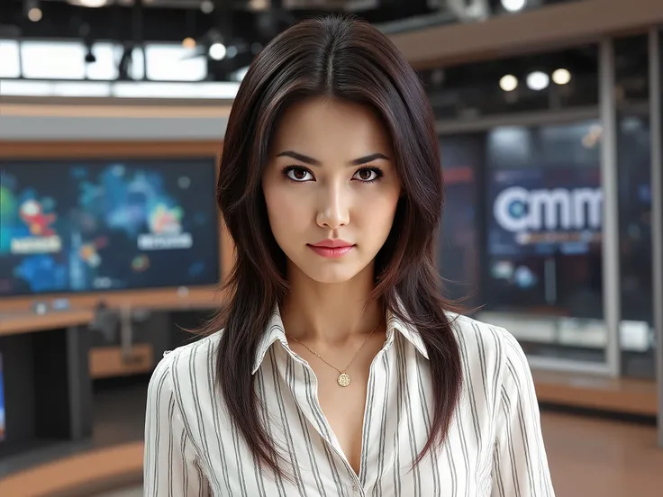 show me a picture from film "rct-168" , Maria Ozawa as a newsreaderm have a white blouse with black vertikal stripes, long necklace, brown necklong hair, anchorwoman for CMM headline