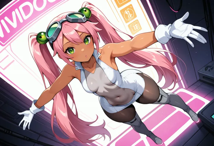 1girl, full body, Lovrina-inspired character, tan skin, vivid pink hair, very long pigtails, green eyes, looking at viewer, wearing a futuristic short dress (grey stomach, sleeveless), black pantyhose, grey thigh-high boots, white gloves, goggles on head, ...