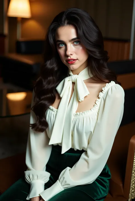 Photorealistic portrait of a stunning young Caucasian woman in her early twenties, seated in a luxurious hotel suite at night. She has a symmetrical face with a high forehead, piercing blue eyes, full lips, and thick natural brunette eyebrows. Her hair is ...