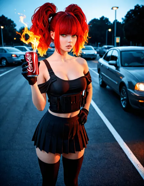 masterpiece, absurdres, best quality, newest, ambient lighting, very aesthetic, ultrahd, high contrast, realistic, Detailed hand, Hand, Perfect hand, (Holding a flaming large coca-cola drinking can :1,4) 1girl, solo, breasts, looking at viewer, red_hair, h...