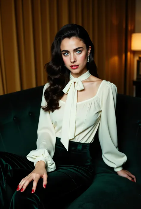 Photorealistic portrait of a stunning young Caucasian woman in her early twenties, seated in a luxurious hotel suite at night. She has a symmetrical face with a high forehead, piercing blue eyes, full lips, and thick natural brunette eyebrows. Her hair is ...