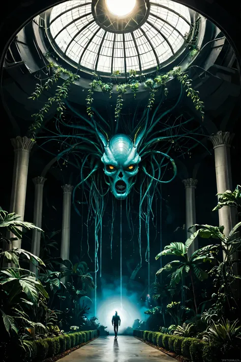 A stunning futuristc image, sharp details, highest resolution, featuring an ultra ((futuristic)) extraterrestrial dark eerie character, an ((ALIEN)) at a cityscape, ((cyberpunk 0.7)), ((SCI FI)) solarpunk inspired place on a garden outter space with glossy...