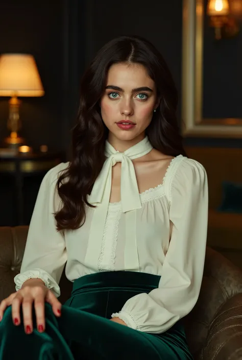 Photorealistic portrait of a stunning young Caucasian woman in her early twenties, seated in a luxurious hotel suite at night. She has a symmetrical face with a high forehead, piercing blue eyes, full lips, and thick natural brunette eyebrows. Her hair is ...