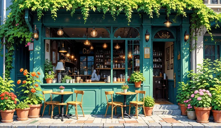 A charming outdoor cafe, depicted in a vibrant anime style.  A teal-green building, covered in lush greenery, houses a coffee shop with an inviting outdoor seating area. Small tables and chairs made of light brown wood are positioned in front of large wind...