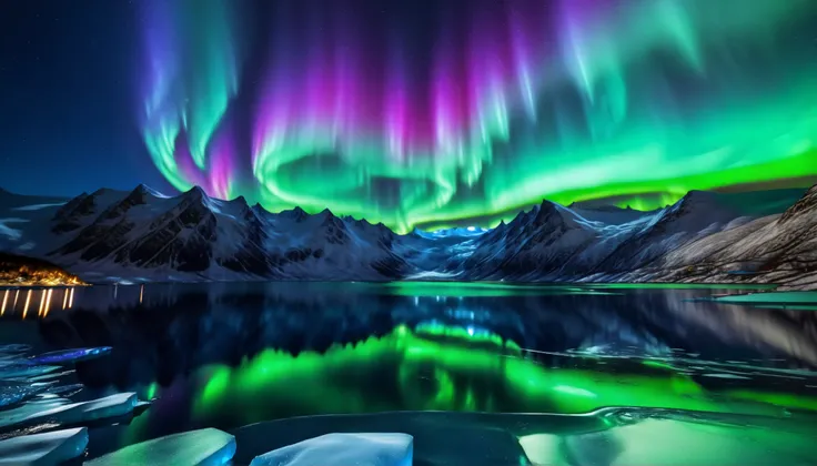 ultra-high image quality of processing,high precision,High Quality,Spectacular views,(A wonderful sight of auroras swirling through the night sky:1.5),beautiful starry sky,The Alps,(Vivid green, purple, and bright blue auroras ripple over a vast glacier:1....