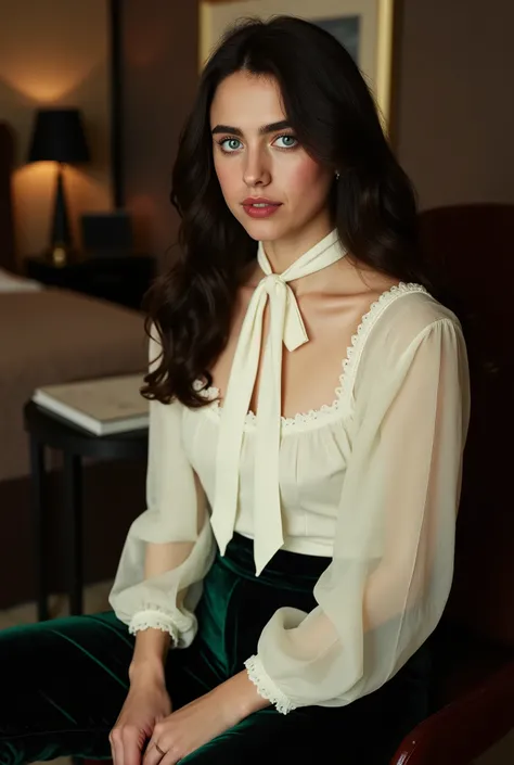 Photorealistic portrait of a stunning young Caucasian woman in her early twenties, seated in a luxurious hotel suite at night. She has a symmetrical face with a high forehead, piercing blue eyes, full lips, and thick natural brunette eyebrows. Her hair is ...
