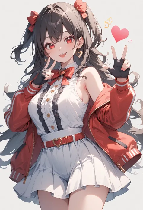 ​studio anime style,Big breasted beautiful girl,The character is depicted with long, flowing wavy hair adorned with red ribbons that have polka dot patterns. She wears a vibrant red jacket over a black and white striped top, paired with a layered black and...