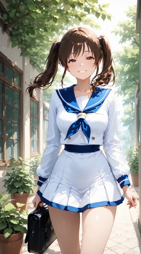 high school girl, Sailor Suit, twin tails, smile,   Fresh greenery,  wind,