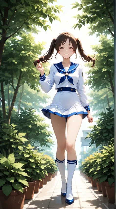 high school girl, Sailor Suit, twin tails, smile,   Fresh greenery,  wind,