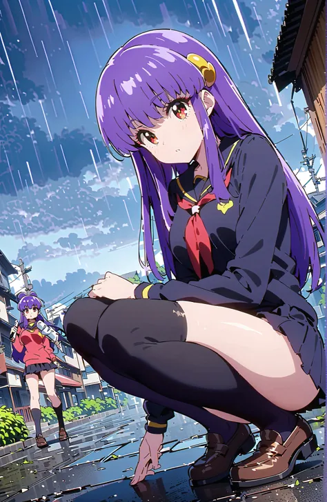 score_9, score_8_up, score_7_up, source_anime,  shampoo, shampoo (Ranma 1/2), long hair, hair ornament, Red Eyes, purple hair, hair bun, double bang, Medium breast, Black Sailor Suit,long sleeve, black mini pleated skirt ,Black thigh high socks,loafers,whi...