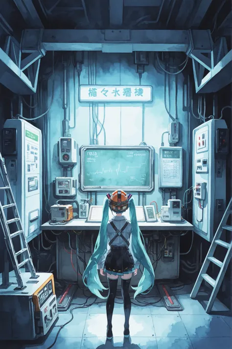 watercolor, Picture book style, cyberpunk, 1 girl, Hatsune Miku, Machine, Electric shock station, electrician, helmet, electrical appliances, high voltage wires, Circuit breaker, electrical pressure measurement, inspection,  work clothes, switchboard, Ladd...
