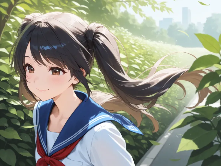 high school girl, Sailor Suit, twin tails, smile,   Fresh greenery,  wind,