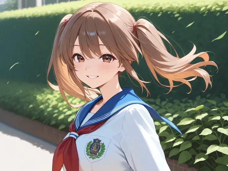 high school girl, Sailor Suit, twin tails, smile,   Fresh greenery,  wind,